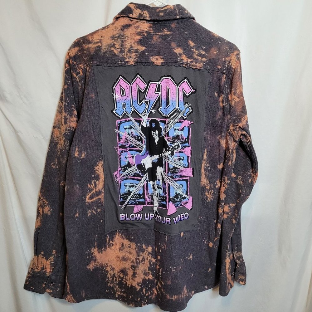 ACDC Flannel Shirt Upcycled  Bleached Adult Med